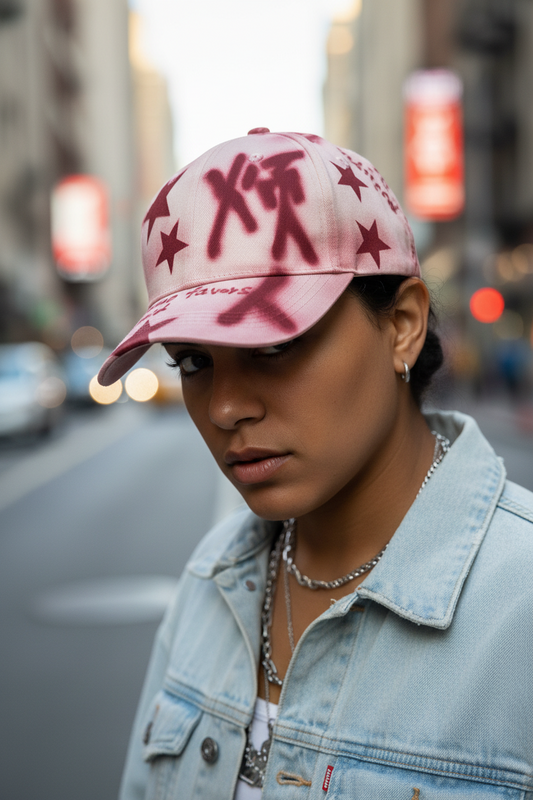 Beige cap with red star designs and text on a white background