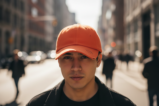 An orange curved brim baseball cap with a distressed design and the text 'Premium Products' indicating the quality or brand.