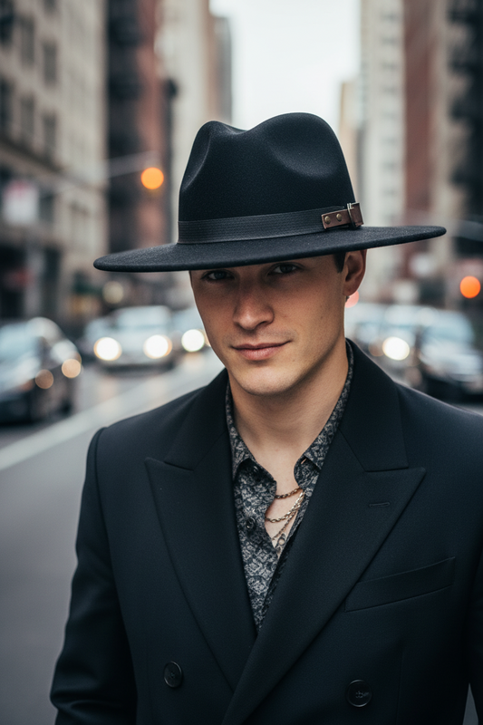 A brown suede cowboy hat with a flat brim, a black ribbon decoration around the base, and a metal buckle.