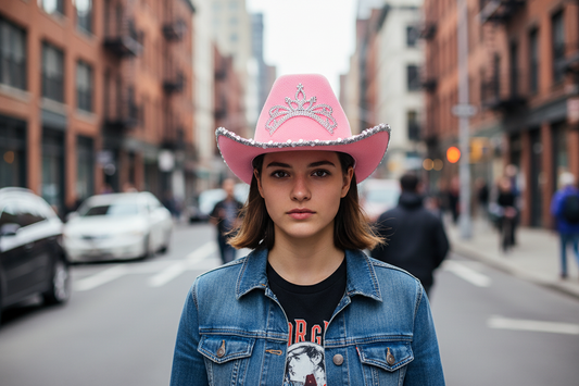 Pink cowboy hat with rhinestone embellishments on a white background
