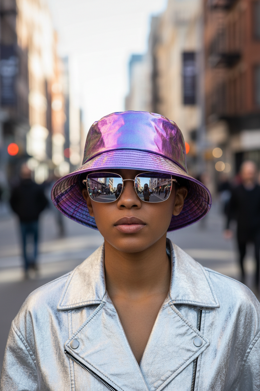 Iridescent bucket hat on a light gray background