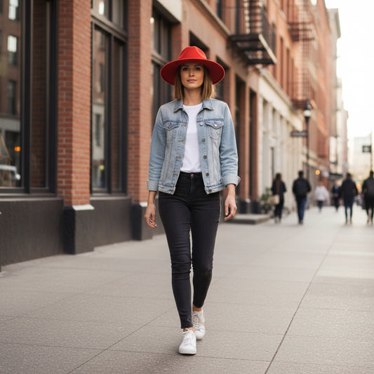 Red hat with a green band on a white background