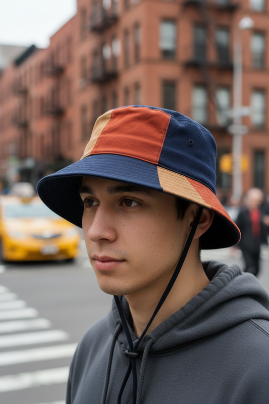 Bucket hat with a patchwork design on a white background