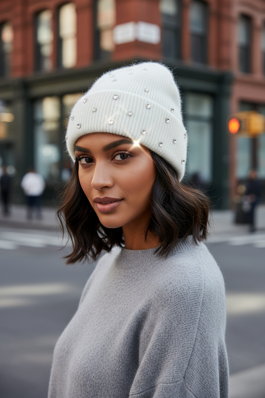 Three knitted toques in black, white, and pink colors, adorned with what appears to be silver embellishments, displayed alongside a white box with a 'D' on it, possibly indicating the brand.