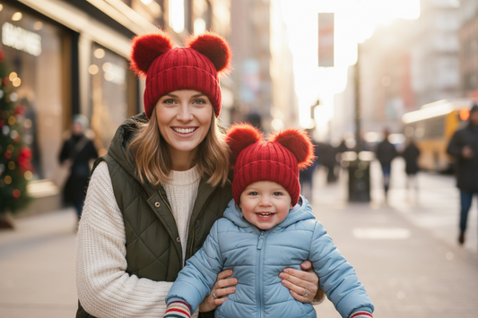 A collage of four images showing parent-child hats with fluffy pompoms, worn by babies and adults. The hats are available in various colors including black, gray, pink, beige, khaki, and wine red.