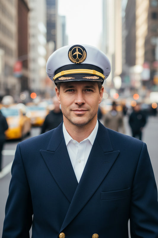 White and black hat with gold embroidery on a gray background