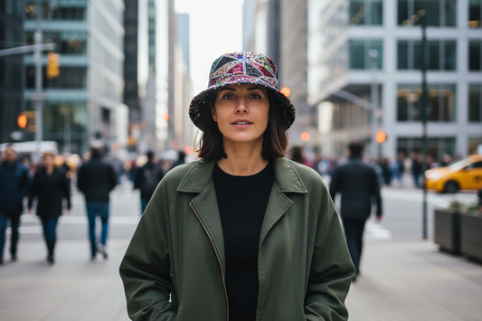 Colorful sequin bucket hat on a white background