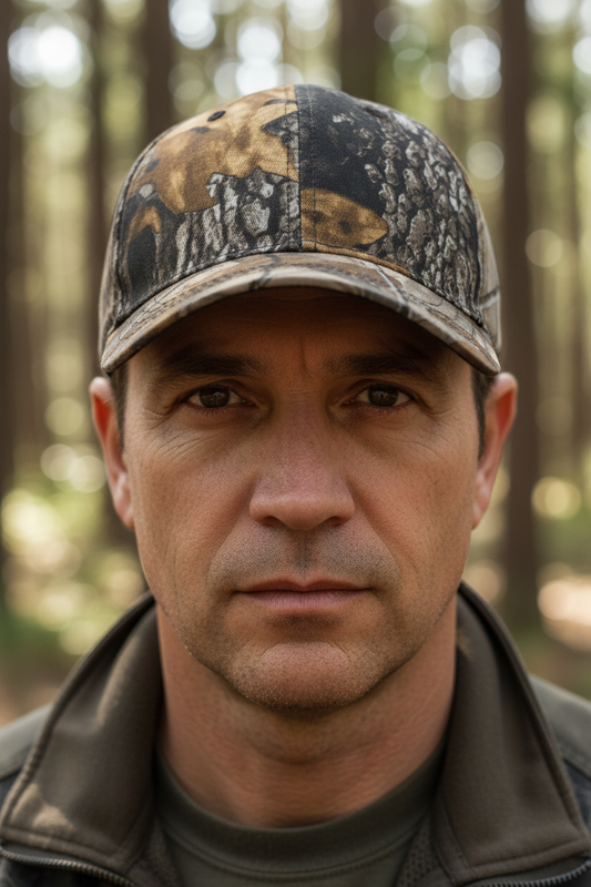 A camouflage patterned baseball cap with a curved brim.