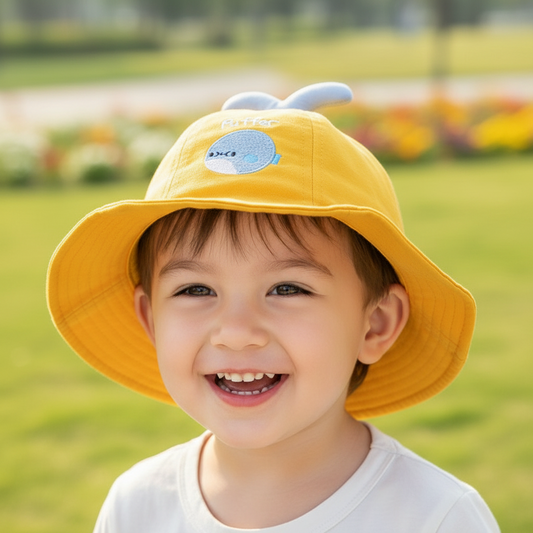 Yellow children's hat with blue whale design and 'Puffer' text on a white background