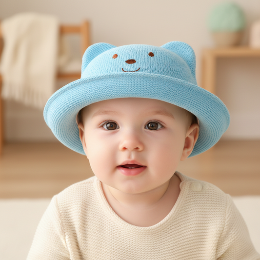 Two children's bucket hats, one in beige and one in pink, each with a simple bear face design on the crown.