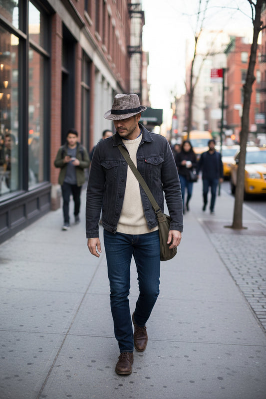 Plaid patterned hat with a black band on a white surface