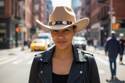 A beige western cowboy hat with a decorative strap featuring silver-colored elements.