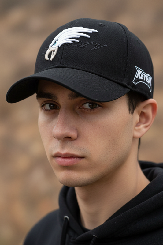 A black baseball cap with a white embroidered bird in the center and the brand 'KETEY' on the side.