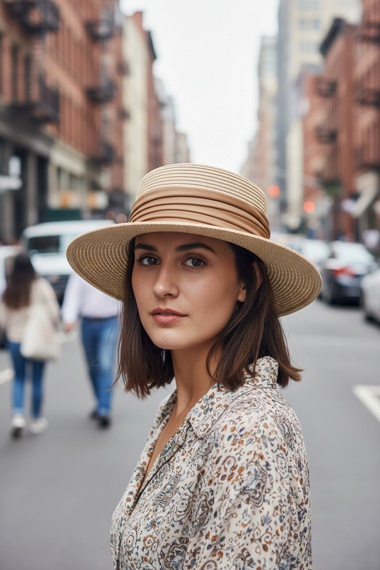Beige straw hat with brown band on a white surface