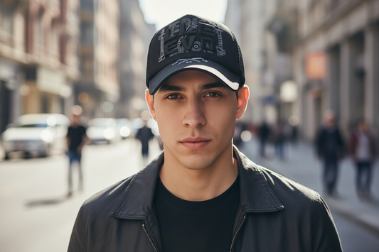 A men's baseball cap with embroidered text on the front in a coffee brown color with a black mesh back.