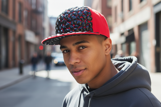 Red cap with black gemstones on a white background