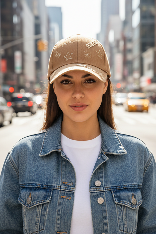 Brown cap with star embroidery held by a hand in front of a bookshelf.