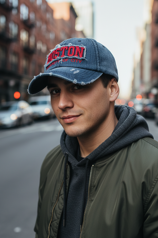 Blue denim cap with 'Boston' and 'Property of City' text on a white background