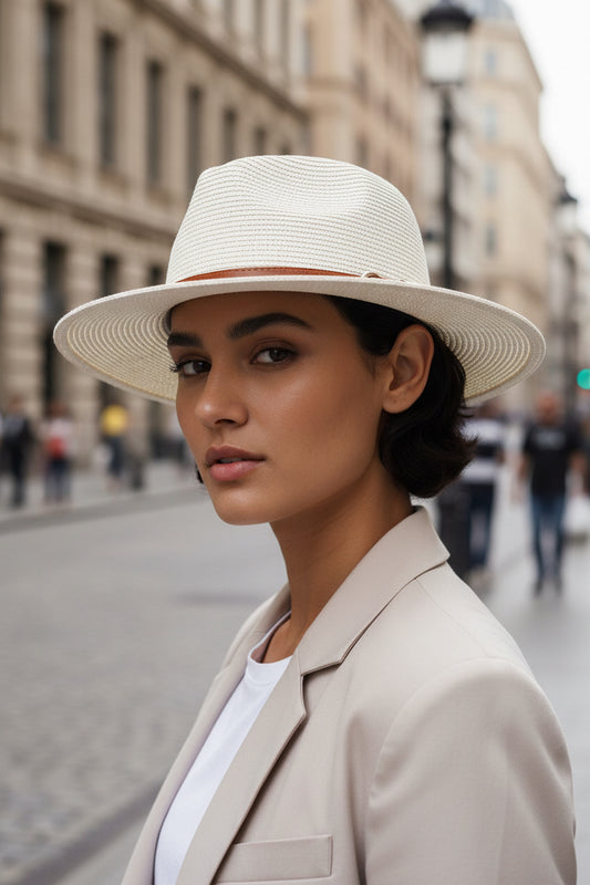 White straw hat with a brown band on a white background