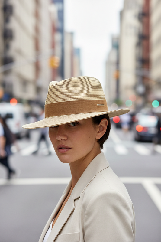 Beige straw hat with a brown band on top of a magazine
