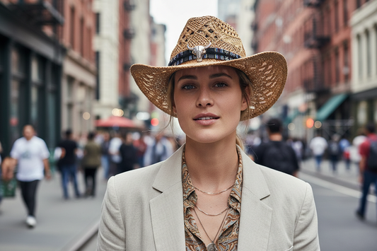 A woman's cowboy straw hat with a flat brim, featuring a decorative band with beaded details and a central ornamental flower with a blue stone. The hat is primarily in a light color, possibly white or beige, with the brim showing a darker shadow.