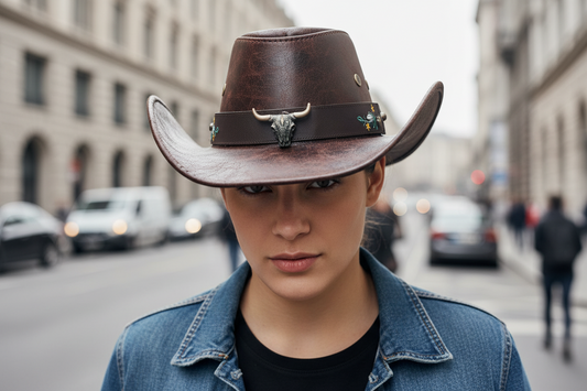 Brown leather hat with decorative band on a textured surface, cat in the background