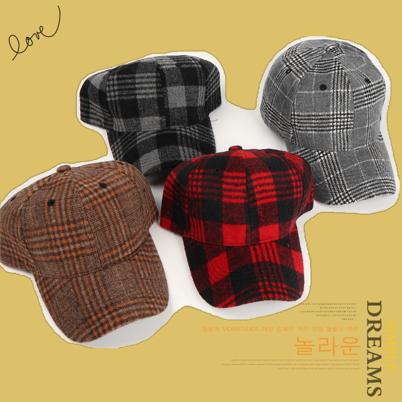 TheCapSpot - Baseball Cap Female Plaid Woolen Hard Top Peak Cap