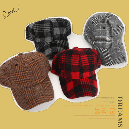 TheCapSpot - Baseball Cap Female Plaid Woolen Hard Top Peak Cap