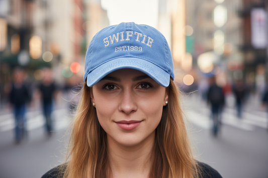 A black embroidered baseball cap with the text 'SWIFTIE EST. 1989' on the front.