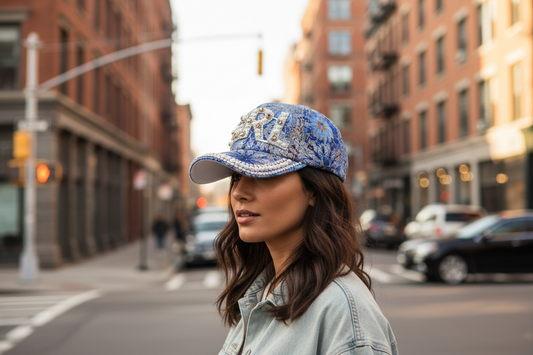 Decorative cap with floral pattern and embellishments on a white background