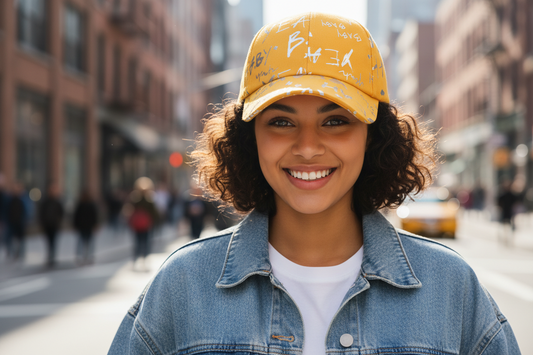 Yellow cap with text pattern on a white background