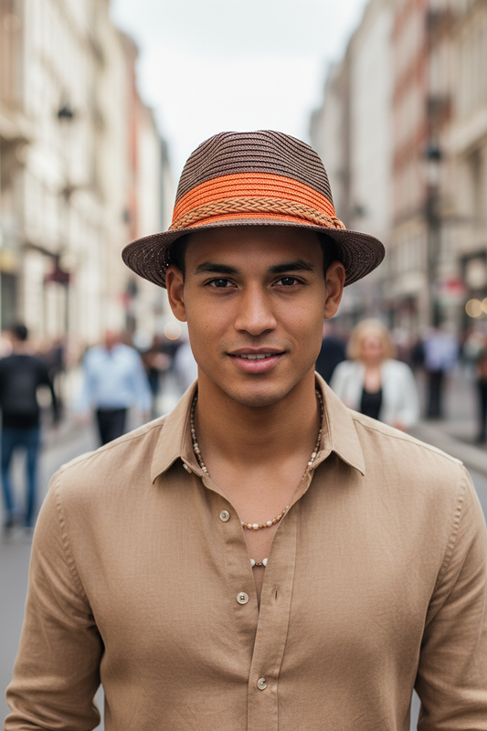 A straw hat with brown body and an orange band, featuring a decorative element on the brim.