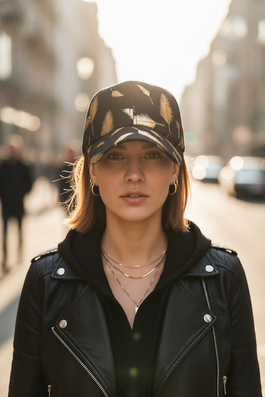 Black cap with gold leaf pattern on a white background