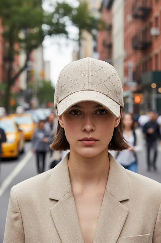 Two baseball caps, one black and one white, with embroidered letters pattern.