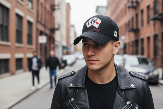 Black cap with poker card designs and text on a white background