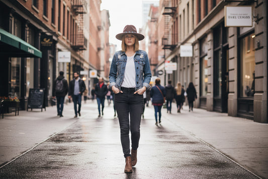 Brown fedora hat with decorative band featuring blue stones on a beige background