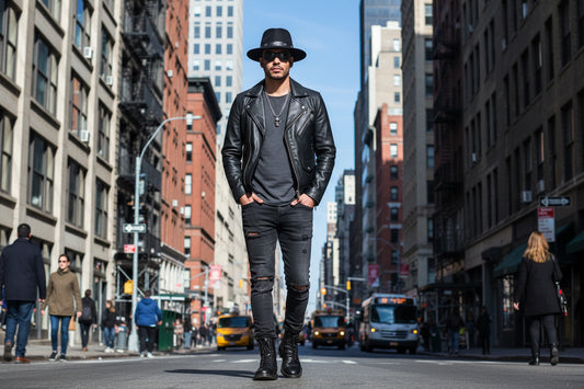 Black fedora hat with decorative band on a white background