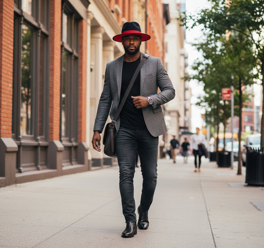 Black and red hat with a visible brand logo on a white background