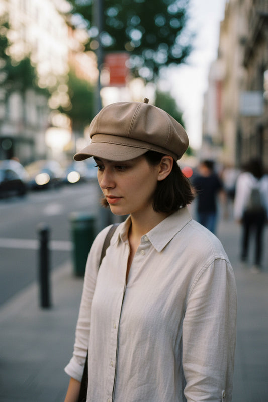 A collection of brown berets and octagonal caps in various styles, displayed against a brown background.