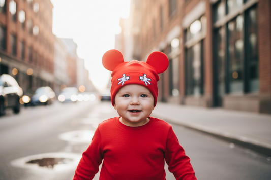 Red hat with Mickey Mouse ears and hands on a white background
