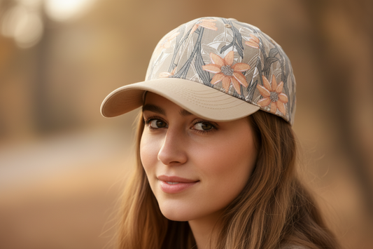 Floral-patterned baseball cap with beige brim on a white background