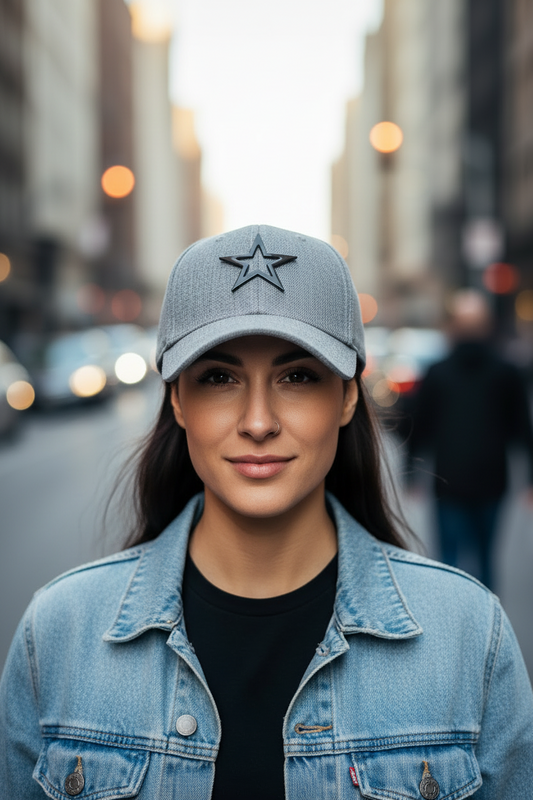 A collection of baseball hats with a fashion patch in the shape of a star on the front, available in black, dark gray, and light gray colors.