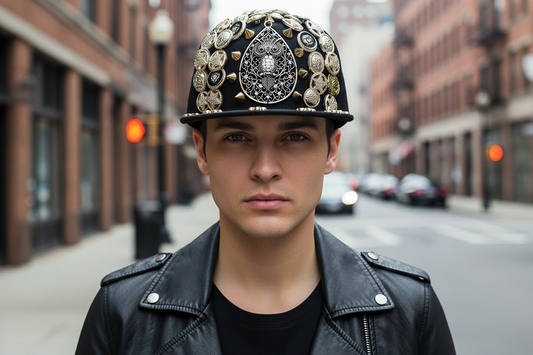 A men's hip hop baseball cap with a multicolored, spike embellishment on the crown, displayed on a white background.