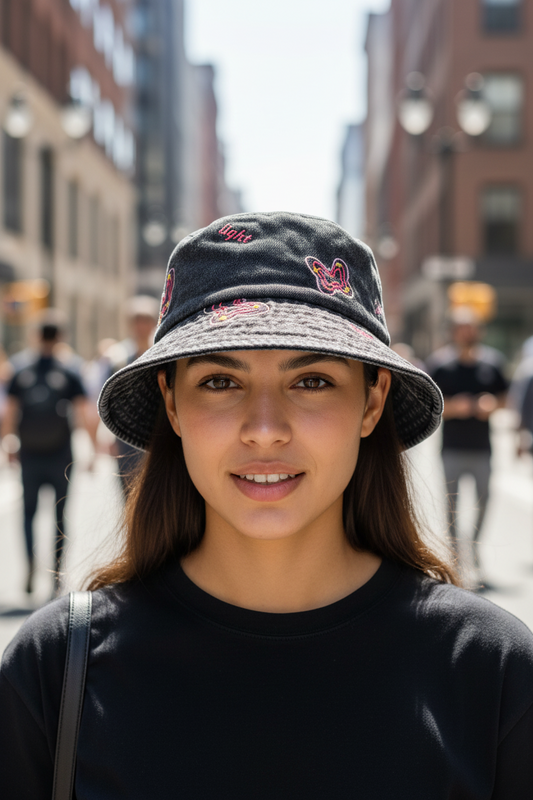 Black denim bucket hat with colorful embroidered designs on a white background