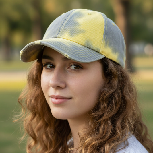 A collection of tie-dye baseball hats in various colors with a mesh back, displaying the product in multiple angles and colors.