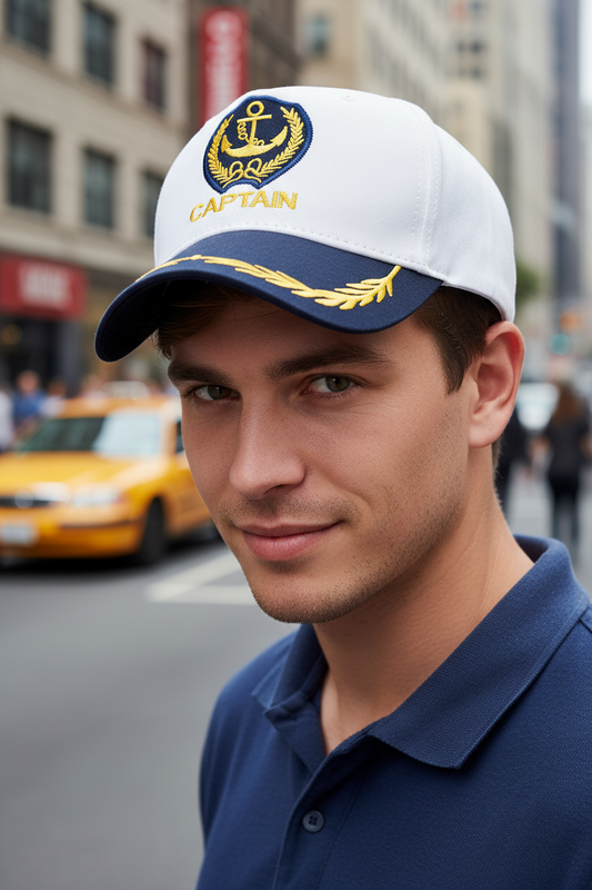 White cap with navy blue visor and yellow 'CAPTAIN' text and emblem on a white background