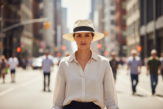Beige straw hat with a black band on a white background