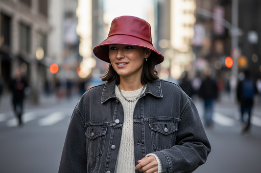 Red leather bucket hat on a white background