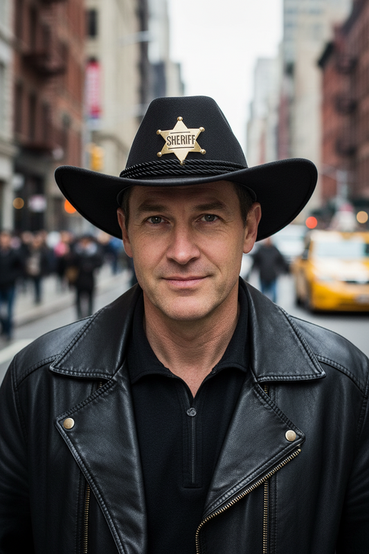 Black cowboy hat with a gold sheriff badge on a white background