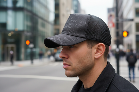 Black cap with 'Paris' text pattern on a white background